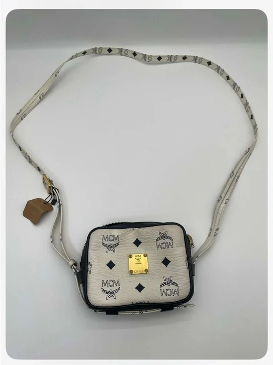 MCM Cream and Black Logo Crossbody with Gold Plaque - Picture 1 of 11